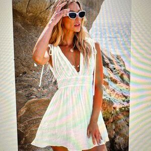 NWT Cupshe White Plunging Smocked Waist Cover-Up Dress Size M